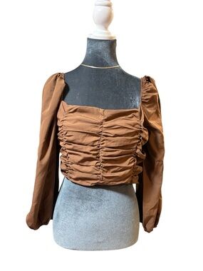 Papermoon Brown Ruched Square Neck Long-Sleeve Crop Top